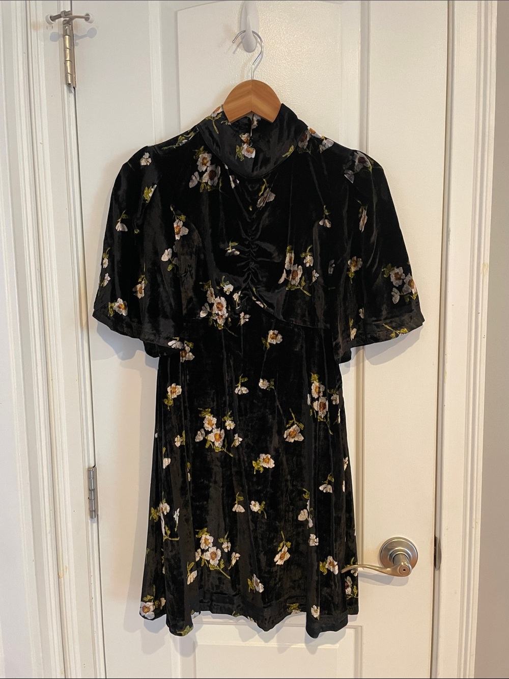 Free People Black Velvet Mini Dress with Cream & Yellow Floral Print